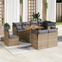 9 Pcs conjunto de sofás p/ jardim com almofadões vime PE bege