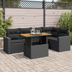 6 Pcs conjunto sofás de jardim c/ almofadões vime PE preto