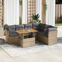 7 Pcs conjunto de sofás p/ jardim com almofadões vime PE bege