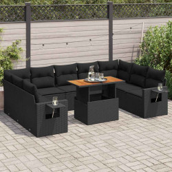 10 Pcs conjunto sofás de jardim c/ almofadões vime PE preto