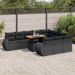 11 Pcs conjunto sofás de jardim c/ almofadões vime PE preto