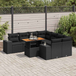 9 Pcs conjunto de sofás p/ jardim c/ almofadões vime PE preto