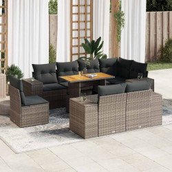 9 Pcs conjunto sofás p/ jardim com almofadões vime PE cinzento