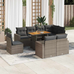 9 Pcs conjunto sofás p/ jardim com almofadões vime PE cinzento