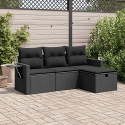 4 Pcs conjunto de sofás para jardim c/ almofadões vime PE preto