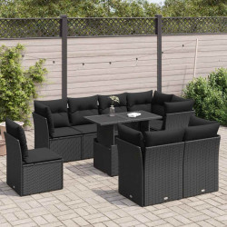 9 Pcs conjunto de sofás p/ jardim c/ almofadões vime PE preto