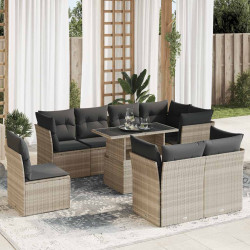 9 Pcs conj. sofás jardim com almofadões vime PE cinzento-claro