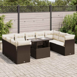 10 Pcs conj. sofás jardim com almofadões vime PE castanho