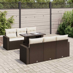 7 Pcs conjunto de sofás jardim c/ almofadões vime PE castanho