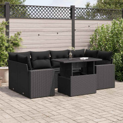 7 Pcs conjunto de sofás p/ jardim c/ almofadões vime PE preto