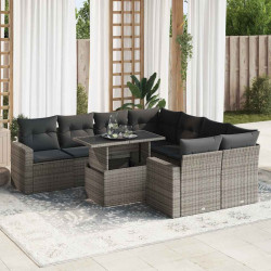 9 Pcs conjunto sofás p/ jardim com almofadões vime PE cinzento
