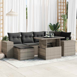 7 Pcs conjunto sofás p/ jardim c/ almofadões vime PE cinzento