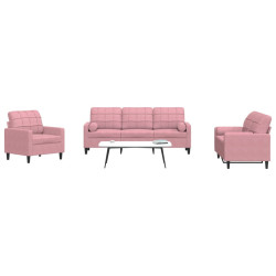 3 Pcs conjunto de sofás com almofadões e rolos veludo rosa