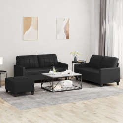 3 Pcs conjunto de sofás com almofadões couro artificial preto
