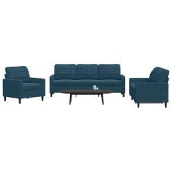 3 Pcs conjunto de sofás com almofadões veludo azul