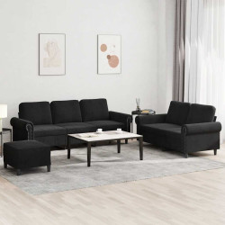 3 Pcs conjunto de sofás com almofadões veludo preto