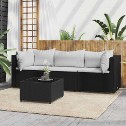 4 Pcs conjunto lounge de jardim c/ almofadões vime PE preto