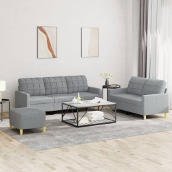 3 Pcs conjunto de sofás com almofadões tecido cinzento-claro