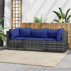 3 Pcs conjunto lounge de jardim c/ almofadões vime PE cinzento