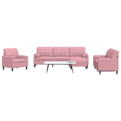 4 Pcs conjunto de sofás com almofadões e rolos veludo rosa