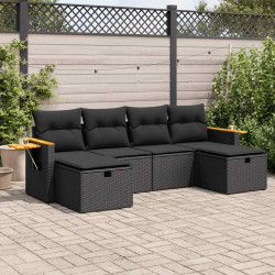 6 Pcs conjunto sofás de jardim c/ almofadões vime PE preto