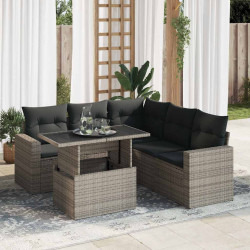6 Pcs conjunto sofás de jardim com almofadões vime cinzento