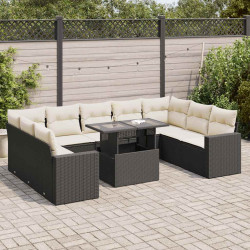 10 Pcs conjunto sofás de jardim c/ almofadões vime PE preto