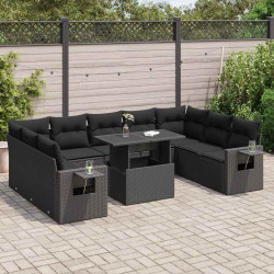 10 Pcs conjunto sofás de jardim c/ almofadões vime PE preto