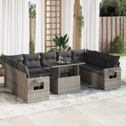 10 Pcs conjunto sofás de jardim c/ almofadões vime PE cinzento