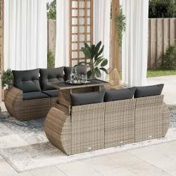 7 Pcs conjunto sofás p/ jardim c/ almofadões vime PE cinzento
