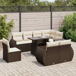 9 Pcs conjunto sofás p/ jardim c/ almofadões vime PE castanho