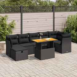 8 Pcs conjunto sofás jardim com almofadões vime PE/acácia preto