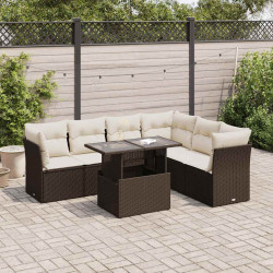 7 Pcs conjunto de sofás jardim c/ almofadões vime PE castanho