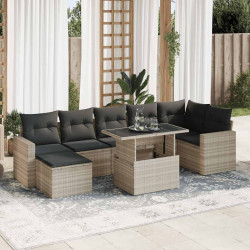 8 Pcs conj. sofás jardim c/ almofadões vime PE cinzento-claro