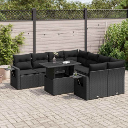 9 Pcs conjunto de sofás p/ jardim c/ almofadões vime PE preto