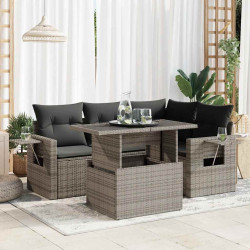 5 Pcs conjunto sofás de jardim c/ almofadões vime PE cinzento