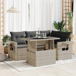 5 Pcs conj. sofás jardim c/ almofadões vime PE cinzento-claro