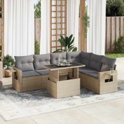 7 Pcs conjunto de sofás p/ jardim com almofadões vime PE bege