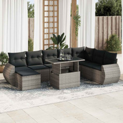 9 Pcs conjunto sofás p/ jardim com almofadões vime PE cinzento