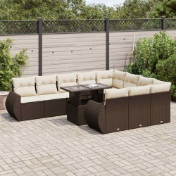 11 Pcs conjunto sofás de jardim c/ almofadões vime PE castanho