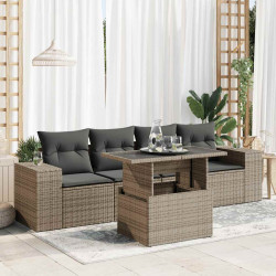 5 Pcs conjunto sofás de jardim c/ almofadões vime PE cinzento