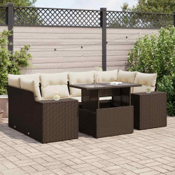 7 Pcs conjunto de sofás jardim c/ almofadões vime PE castanho
