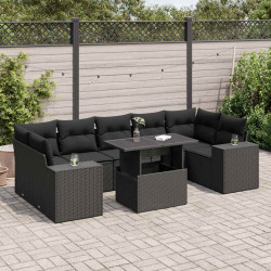8 Pcs conjunto sofás de jardim com almofadões vime PE preto