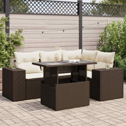 5 Pcs conjunto sofás p/ jardim c/ almofadões vime PE castanho