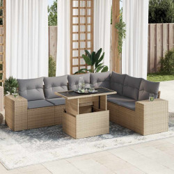7 Pcs conjunto de sofás p/ jardim com almofadões vime PE bege