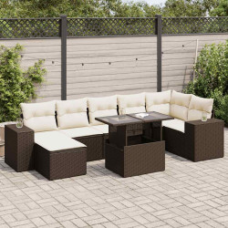 8 Pcs conjunto sofás de jardim c/ almofadões vime PE castanho