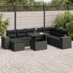 9 Pcs conjunto de sofás p/ jardim c/ almofadões vime PE preto