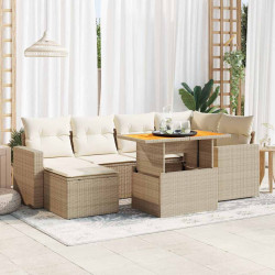 7 Pcs conjunto de sofás p/ jardim com almofadões vime PE bege