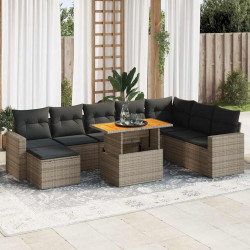 9 Pcs conjunto sofás p/ jardim com almofadões vime PE cinzento