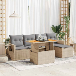 6 Pcs conjunto de sofás p/ jardim com almofadões vime PE bege